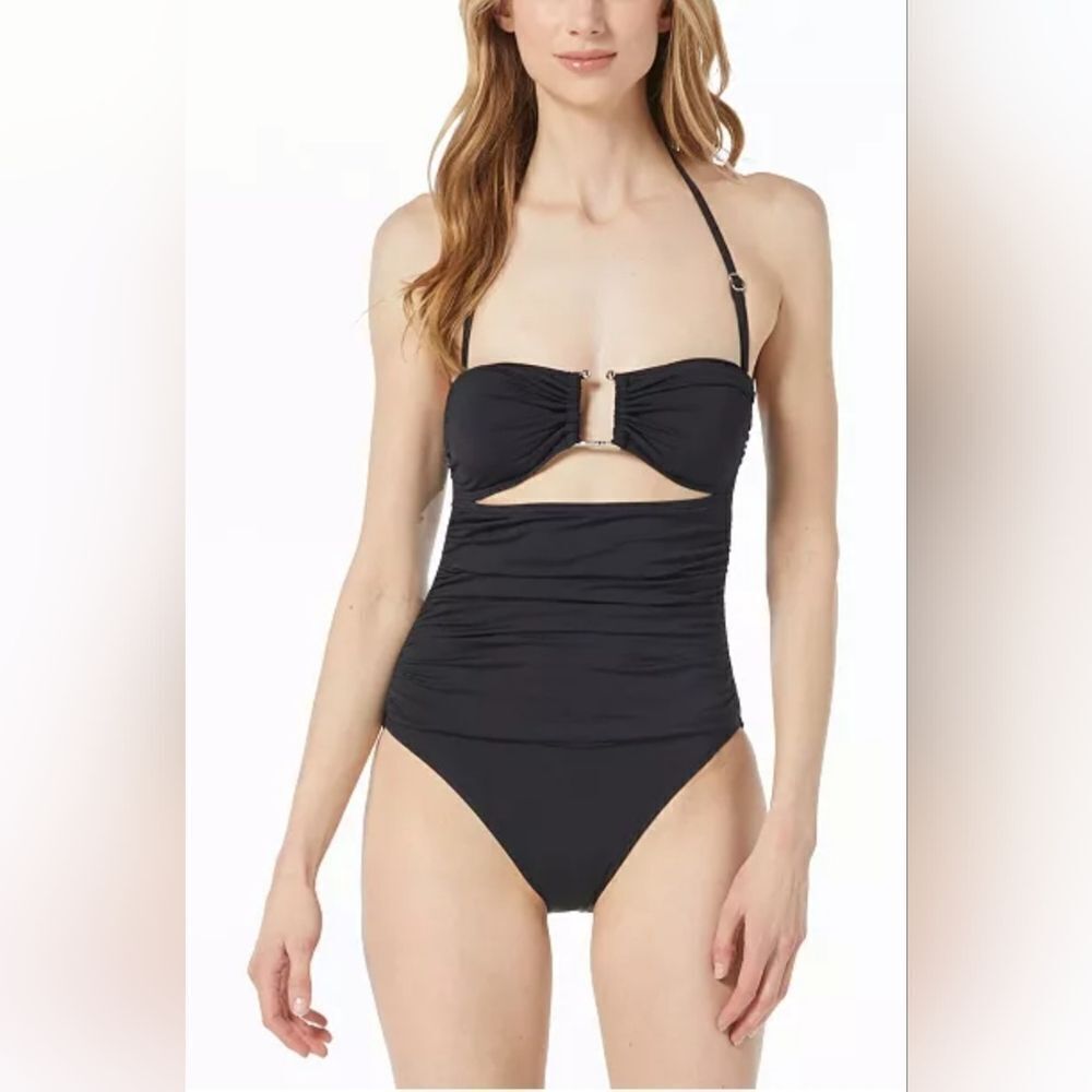 MICHAEL Michael Kors Ruched Cutout Bandeau One-Piece Swimsuit NWT Size 6 Black